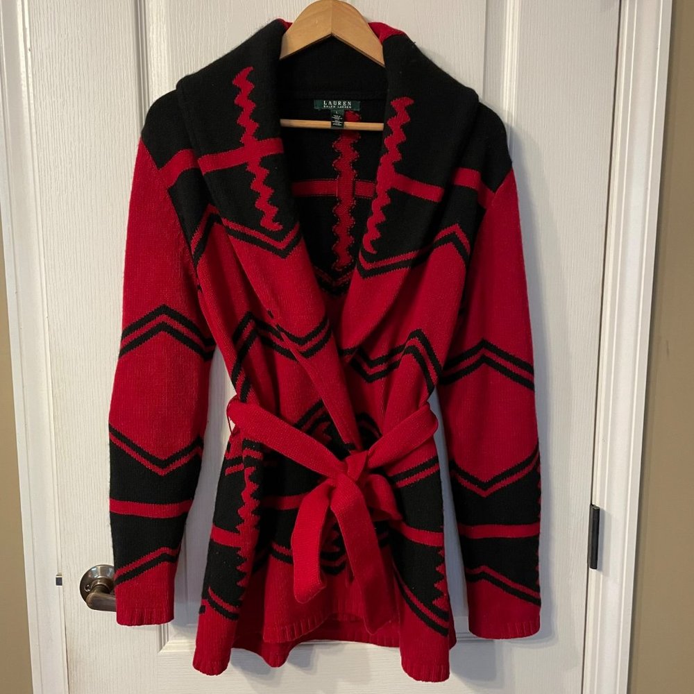 Lauren Ralph Lauren | Red Black Lambswool Aztec Belted Shawl Cardigan L Large - Picture 2 of 8
